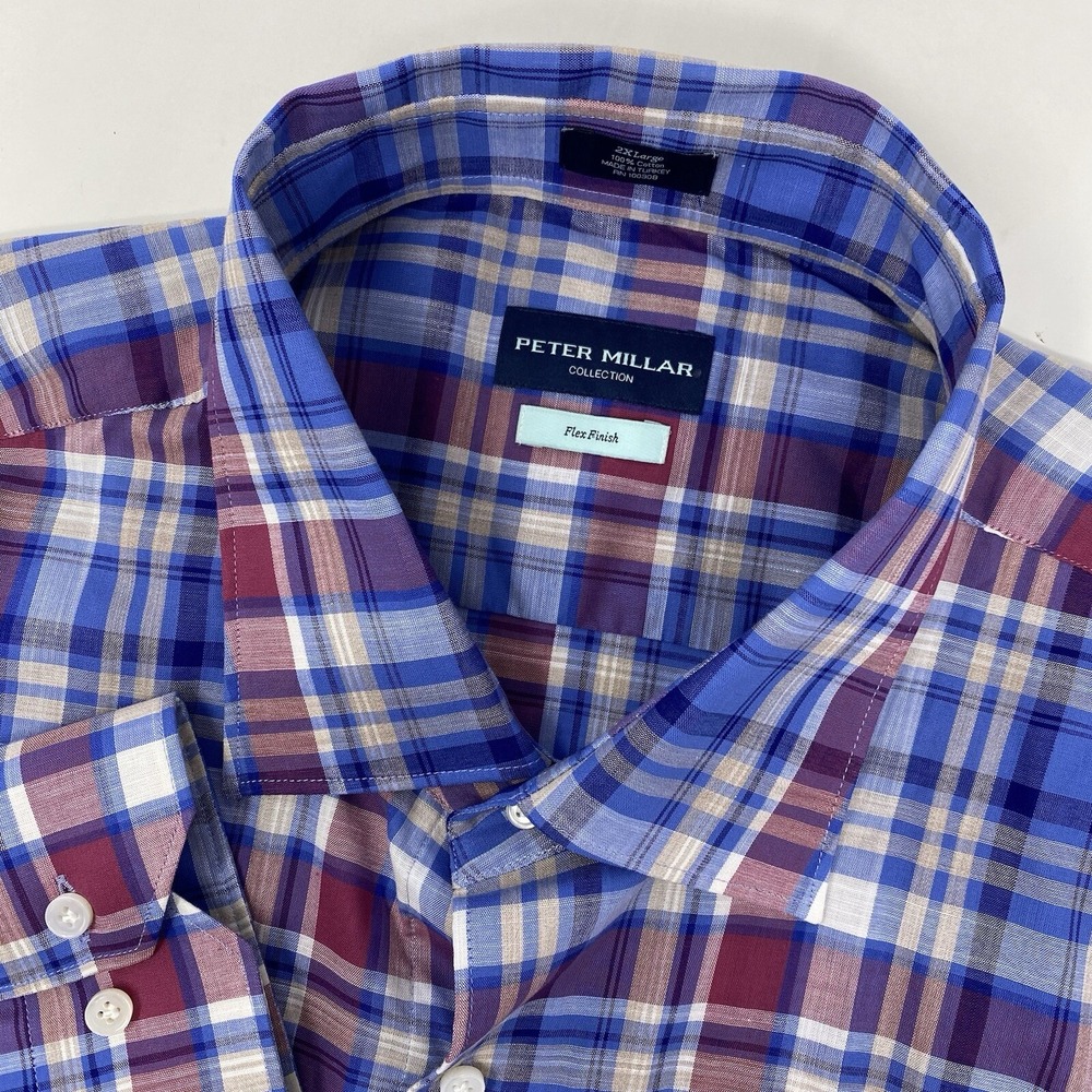 Peter Millar Collection Shirt Mens 2XL Blue Burgundy Plaid Flex Finish Cotton